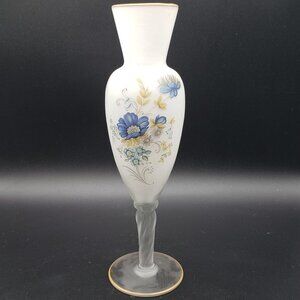 Norleans Vntg Italian White Satin Blue Yellow Floral Twisted Stem Art Glass Vase